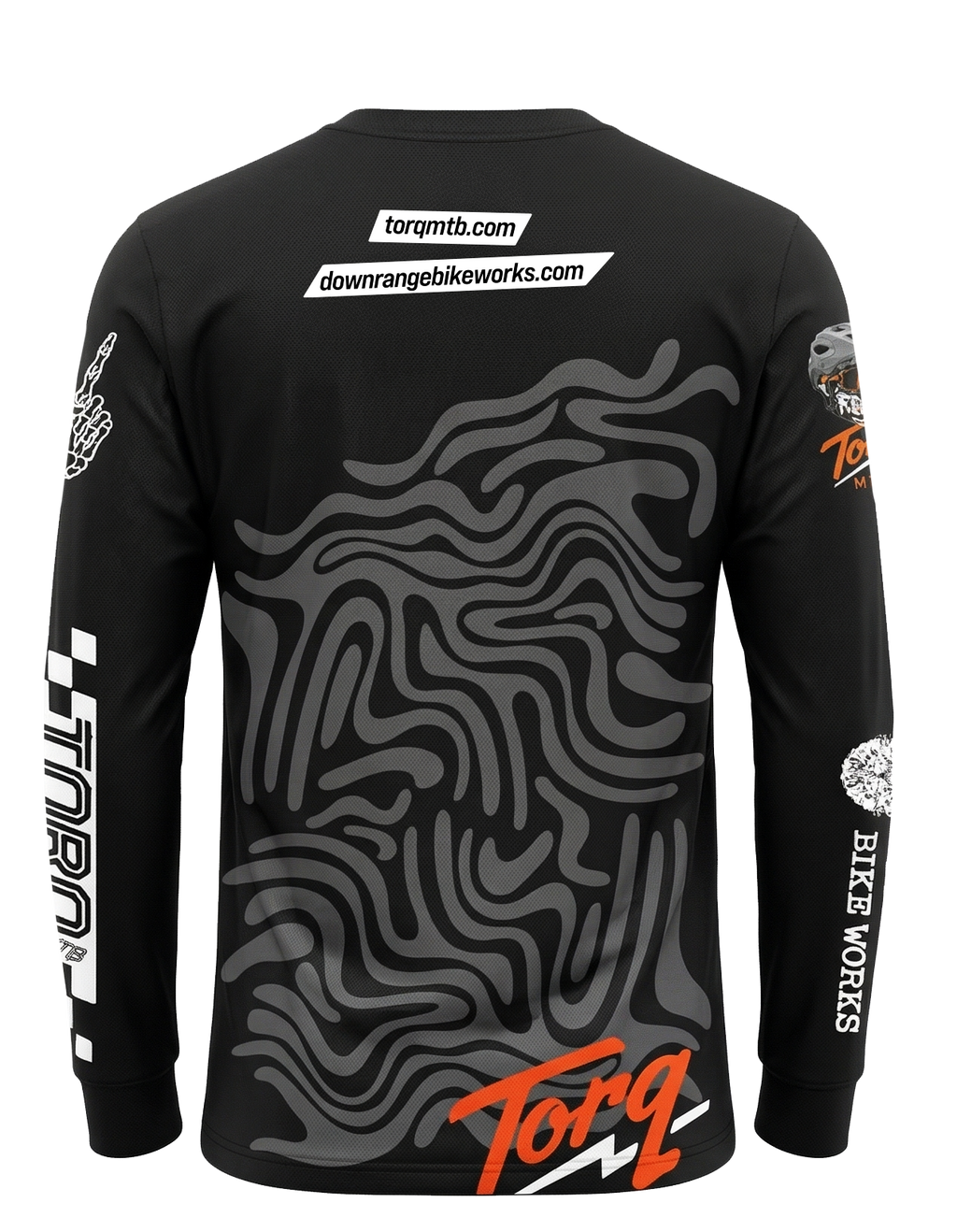 Back view of the Torq x Downrange MTB jersey showing its breathable fabric, vibrant design, and long sleeves for mountain biking.