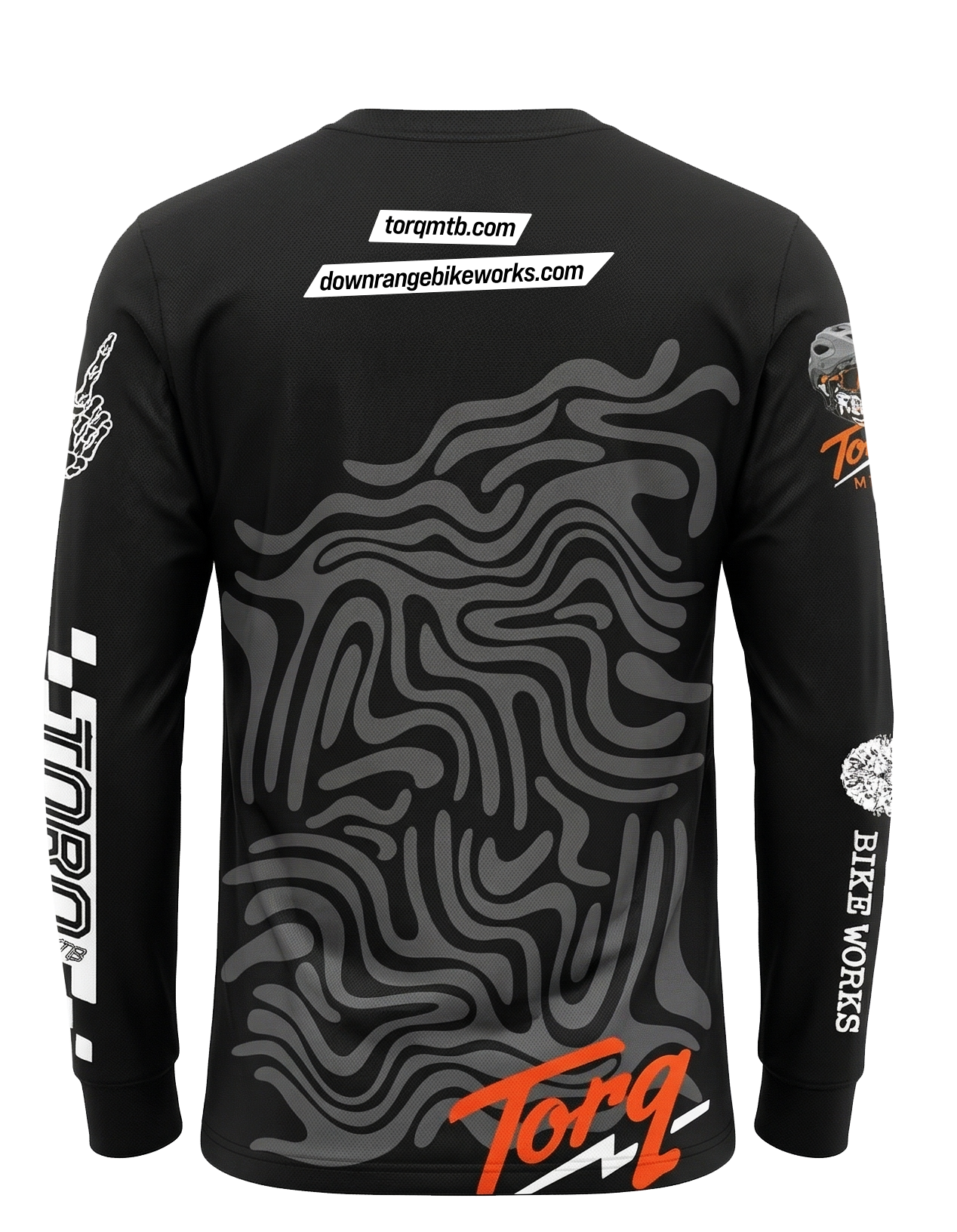 Back view of the Torq x Downrange MTB jersey showing its breathable fabric, vibrant design, and long sleeves for mountain biking.