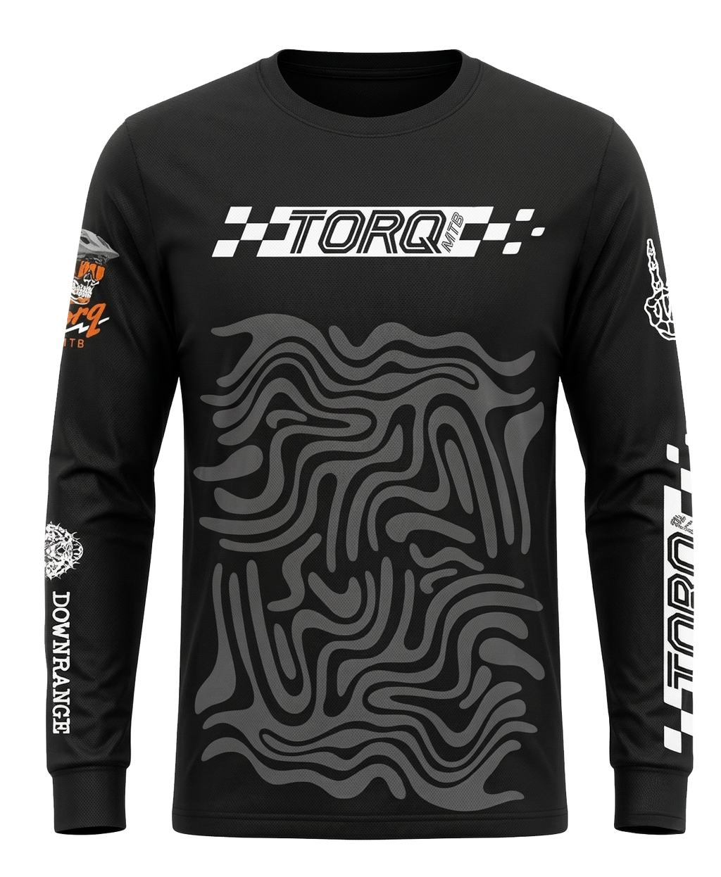 Front view of the Torq x Downrange MTB jersey showcasing its lightweight, breathable fabric and stylish design.