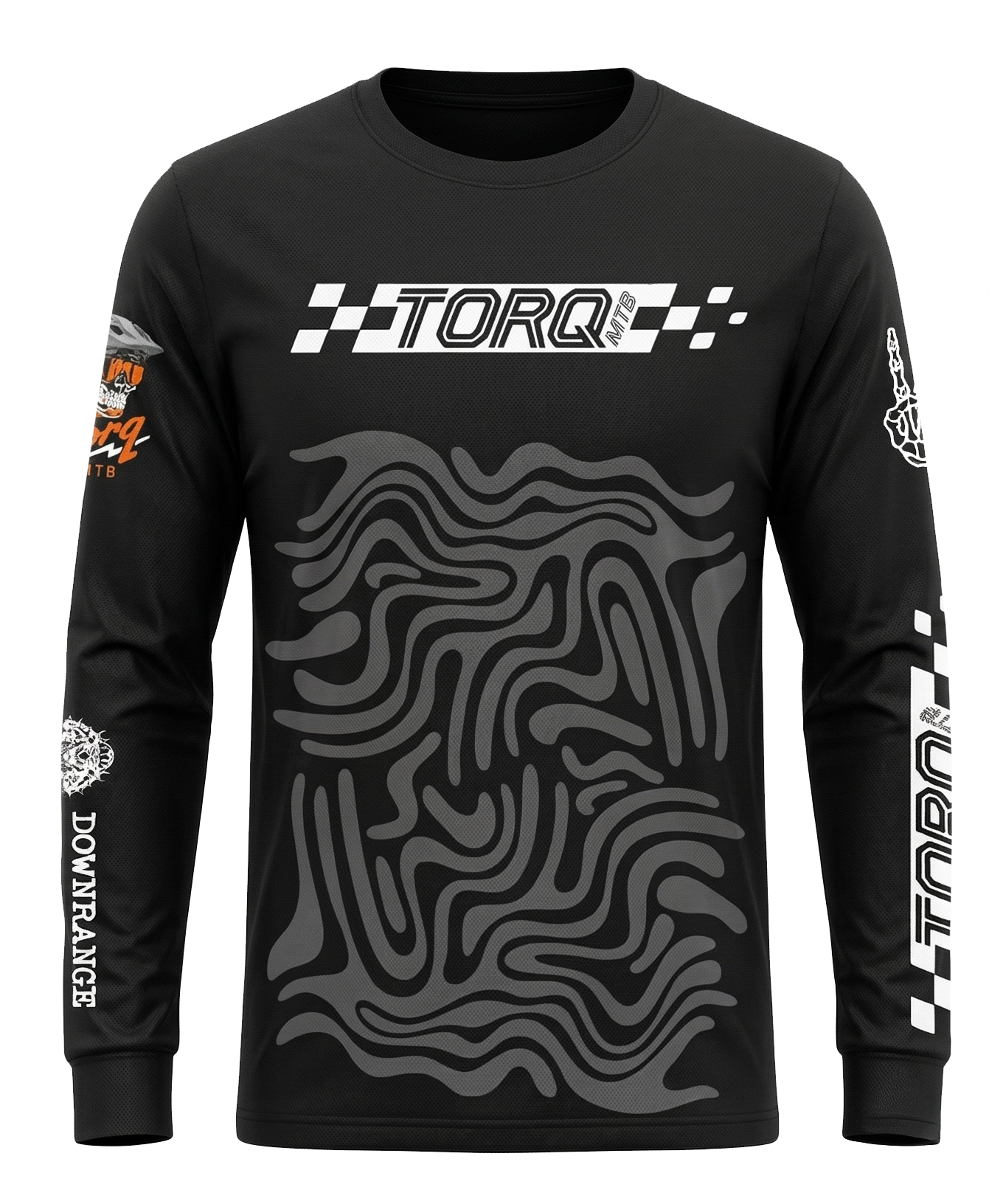 Front view of the Torq x Downrange MTB jersey showcasing its lightweight, breathable fabric and stylish design.
