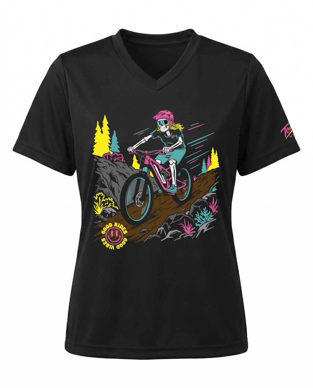 Women's Good Rides, Good Vibes graphic tech jersey by Torq MTB Apparel, featuring vibrant V-83 design and breathable athletic fabric.