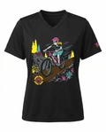 Women's Good Rides, Good Vibes graphic tech jersey by Torq MTB Apparel, featuring vibrant V-83 design and breathable athletic fabric.