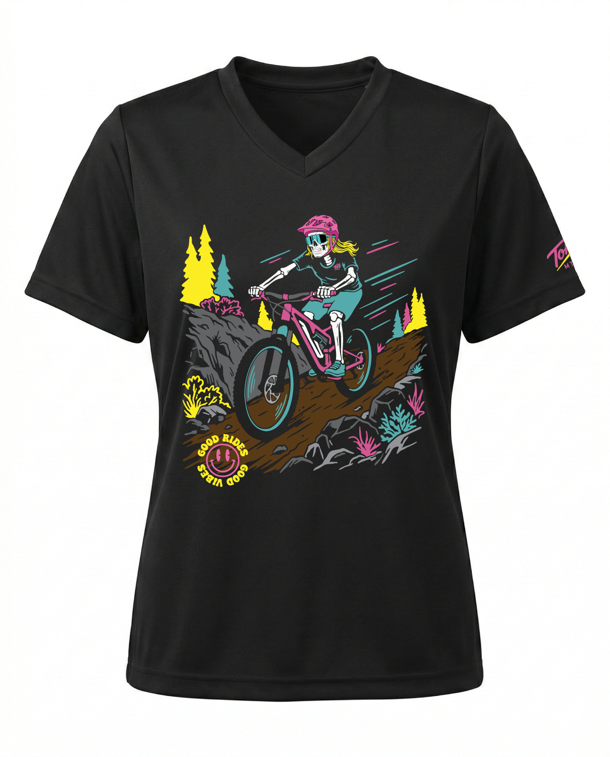 Women's Good Rides, Good Vibes graphic tech jersey by Torq MTB Apparel, featuring vibrant design and breathable fabric for cycling.