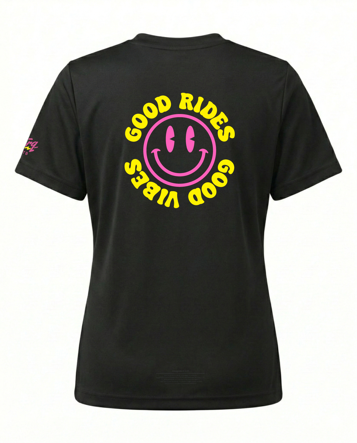 Women's graphic tech jersey by Torq MTB Apparel featuring vibrant "Good Rides, Good Vibes" design, lightweight and breathable fabric.
