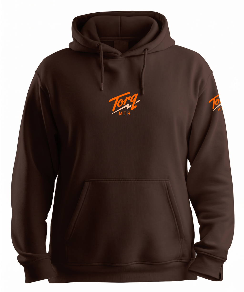 Black Torq MTB BikesBikesBikesBikes pullover hoodie with front pocket and logo on chest, casual athletic wear.