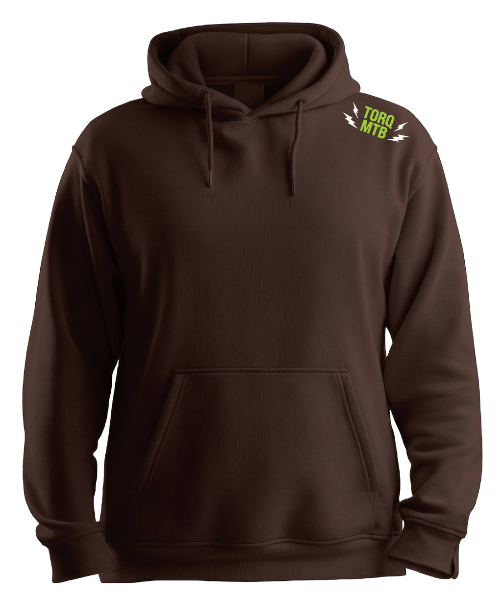 Torq MTB Just Ride Bikes pullover hoodie in gray with front pocket and hood, casual and comfortable for mountain biking enthusiasts.