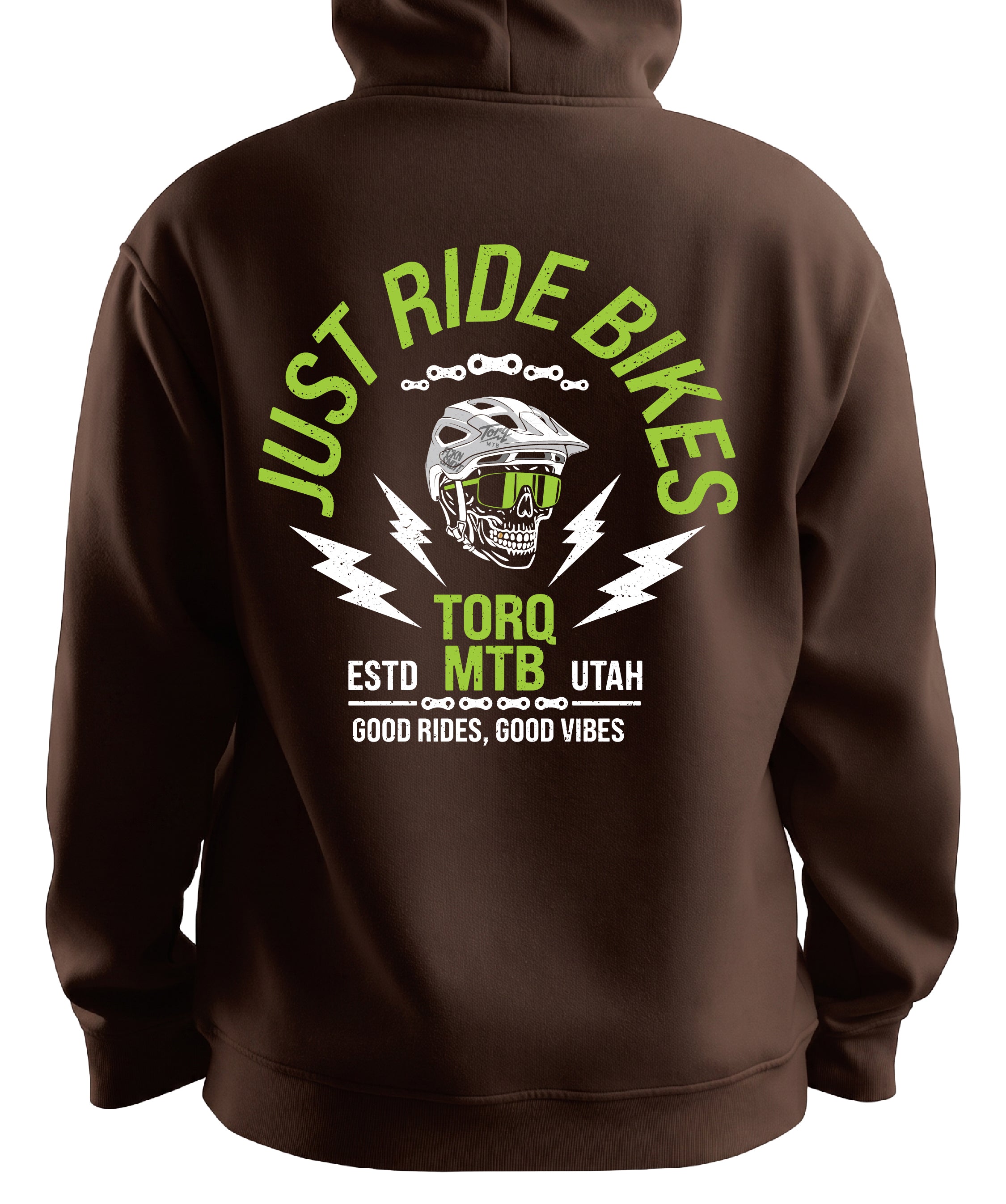 Torq MTB Just Ride Bikes pullover hoodie featuring a stylish design, comfortable fit, and soft fabric for cycling enthusiasts.