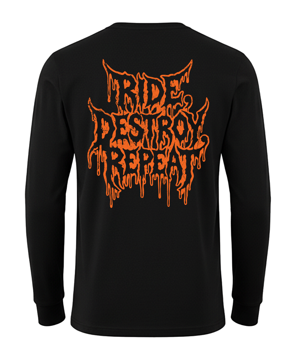 Long-sleeve MTB jersey featuring bold "Ride, Destroy, Repeat" design by Torq MTB, made for cycling enthusiasts.