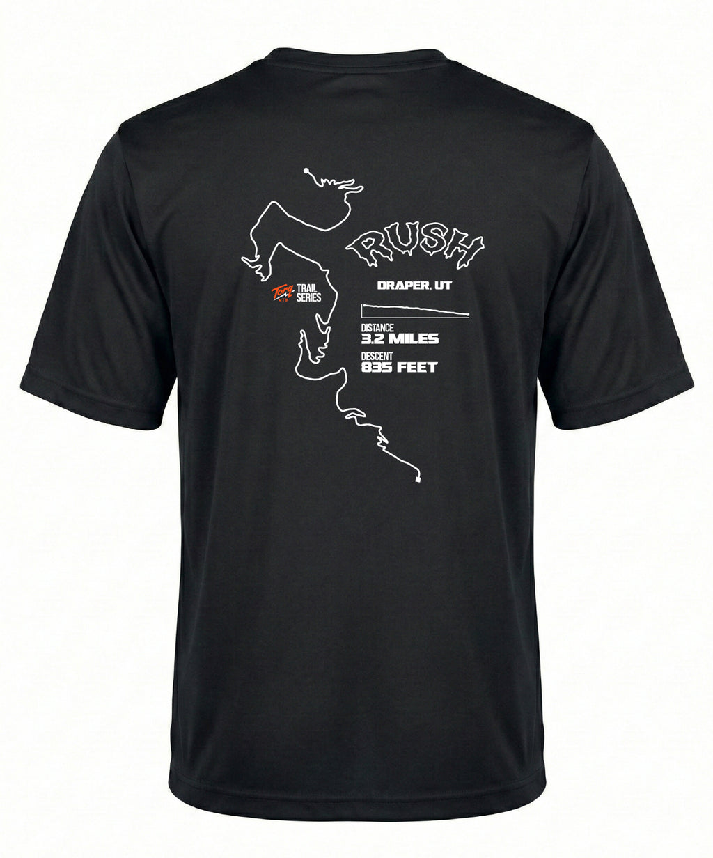 Back view of the Torq MTB Rush Trail T-Shirt in gray, featuring a mountain trail graphic on the back.