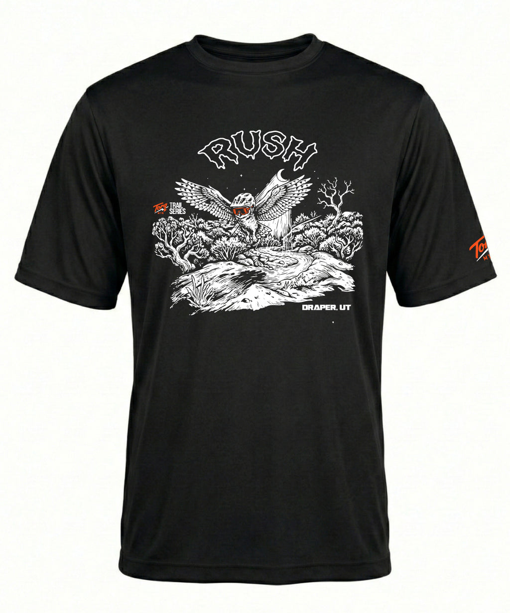 Torq MTB Rush Trail T-shirt in front view, showcasing the lightweight, moisture-wicking fabric and trail-inspired design.