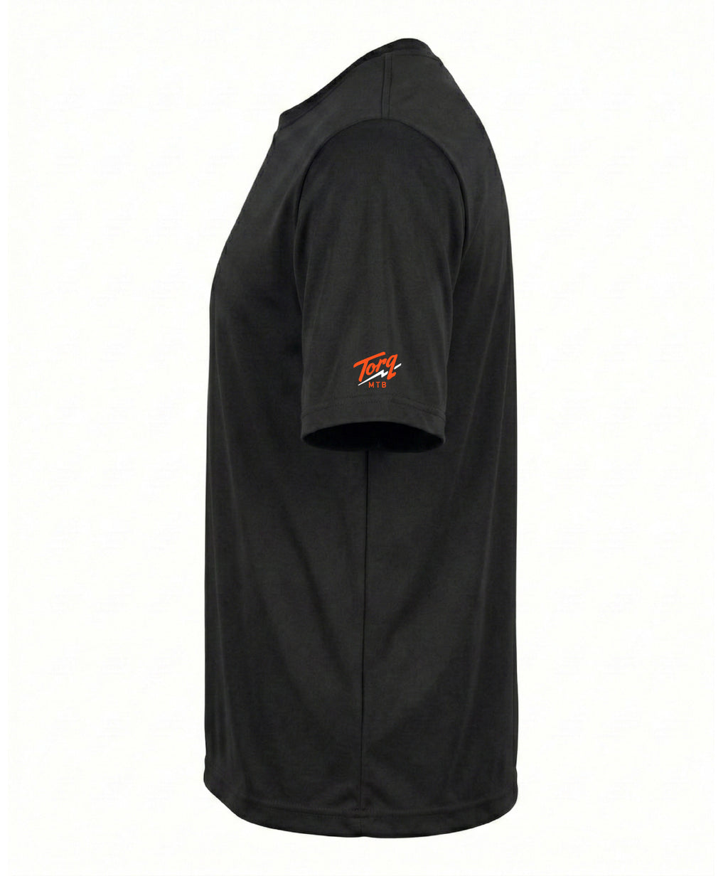 Torq MTB Rush Trail T-shirt shown from the side, featuring a comfortable fit and trail-inspired design in Draper, UT.