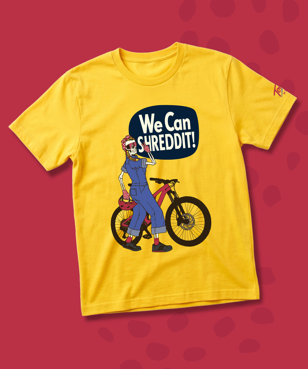 Shredda the Shredder short sleeve T-shirt by Torq MTB Apparel featuring a graphic design of a mountain shredder on white fabric