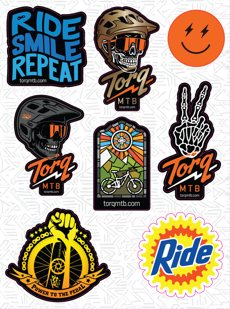 Assorted Torq MTB Sticker Pack featuring various mountain bike-themed stickers on a white background.