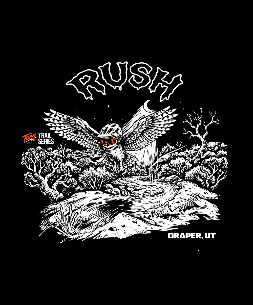Torq MTB Rush Trail T-shirt in spring drop color, featuring lightweight, breathable fabric with mountain trail graphic design.