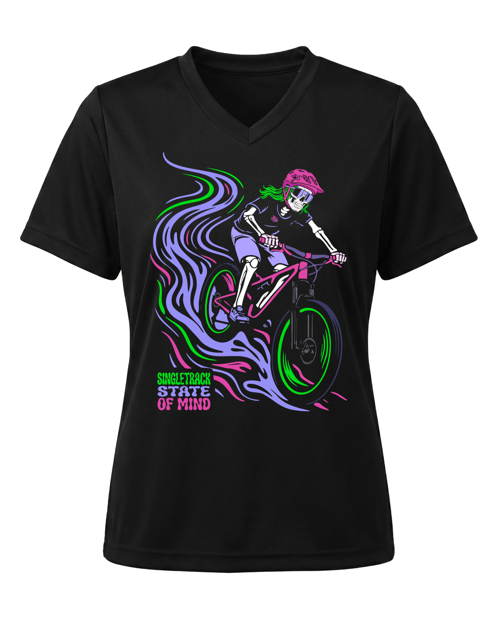 Women's Singletrack State of Mind graphic tech jersey by Torq MTB Apparel featuring vibrant mountain biking design and breathable fabric.
